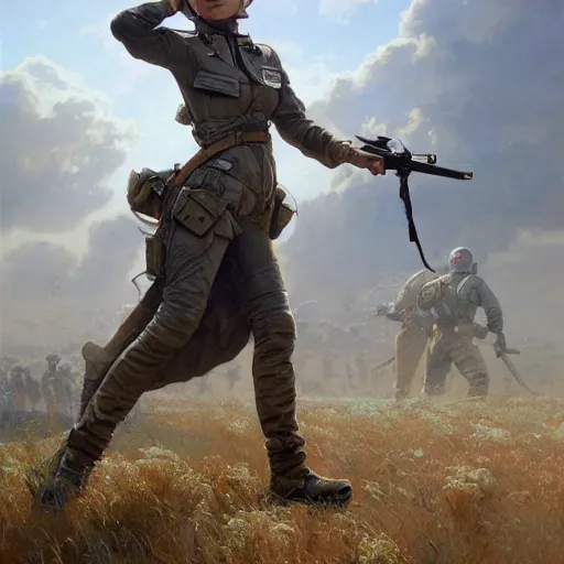 Image similar to an woman medic in middle of an battlefield, detailed, centered, digital painting, artstation, concept art, donato giancola, Joseph Christian Leyendecker, WLOP, Boris Vallejo, Breathtaking, 8k resolution, extremely detailed, beautiful, establishing shot, artistic, hyperrealistic, beautiful face, octane render