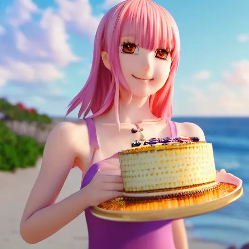 Image similar to Render of a beautiful 3d anime woman holding a birthday cake to show the camera, long light pink hair, full bangs, hazel eyes, cute freckles, full round face, smug smile, Chinese heritage, cute checkerboard sundress, golden hour, serene beach setting, medium shot, mid-shot, hyperdetailed, trending on Artstation, Unreal Engine 4k