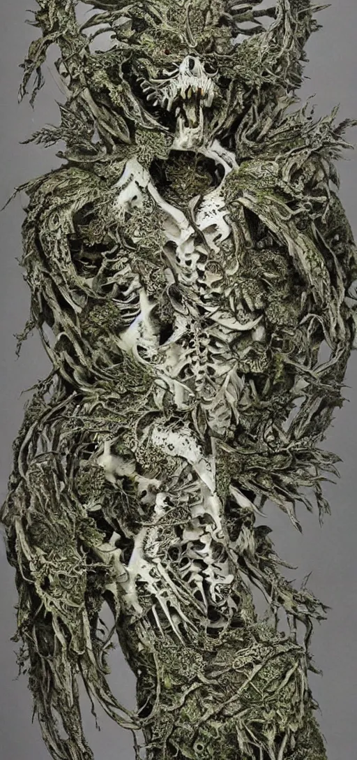 Image similar to white dragon skeleton covered in moss and flowers, intricate details, hyperrealistic, HR Giger