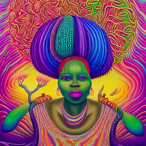 Image similar to a regal bbw african queen with colorful dreadlocks sitting in a cabana near a pink river with a large glowing baobab tree in the center, by amanda sage and alex grey and evgeni gordiets in a surreal psychedelic style, symmetrical, detailed eyes, oil on canvas 8k, hd