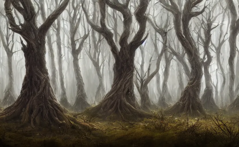 Image similar to A painting of A forest of Ents decide to invade a wiccan ritual in the middle of their woods trending on artstation in the style of Greg Rutkowski