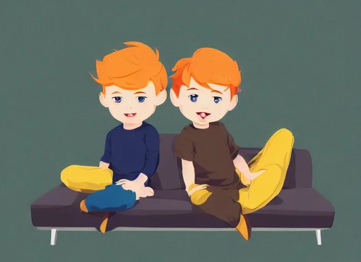 Prompt: two little boys sitting on a couch, they are best friends. a little blonde boy and a little ginger boy. clean cel shaded vector art. shutterstock. behance hd by lois van baarle, artgerm, helen huang, by makoto shinkai and ilya kuvshinov, rossdraws, illustration, art by ilya kuvshinov