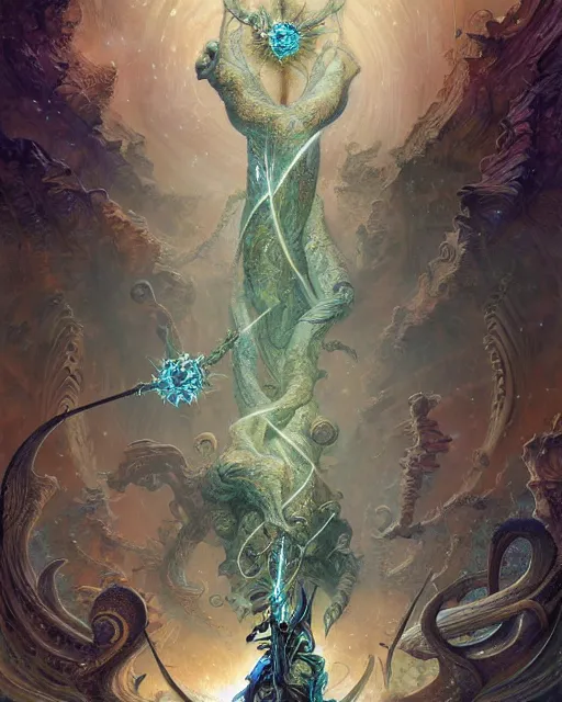 Image similar to the ace of wands tarot card, fantasy composition made of fractals, ultra realistic, wide angle, intricate details, the fifth element artifacts, highly detailed by peter mohrbacher, hajime sorayama, wayne barlowe, boris vallejo, aaron horkey, gaston bussiere, craig mullins