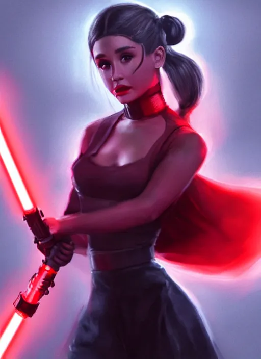 Prompt: Photo of Sith Ariana Grande with two red light saber in each hand, hyper-realistic Star Wars concept art, trending on artstation, dramatic lighting, photo-realistic