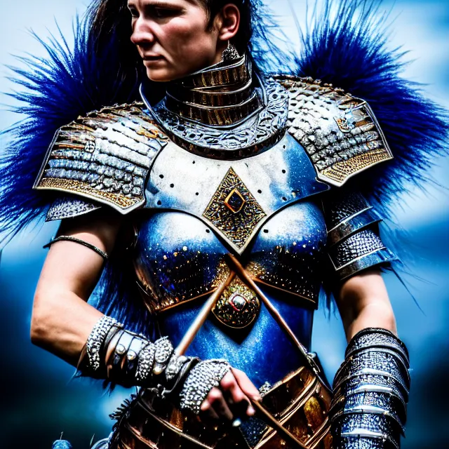 Prompt: photo of a beautiful warrior queen wearing sapphire encrusted armour, highly detailed, 8 k, hdr, smooth, sharp focus, high resolution, award - winning photo