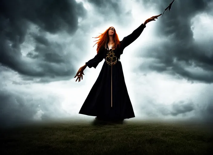 Image similar to stunning occult priestess casting spell, stormy sky