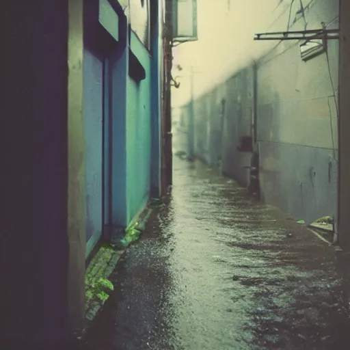 Prompt: kodak portra 4 0 0, wetplate, 8 5 mm carl zeiss, blueberry, award - winning colour by britt marling : a rainy alleyway at night, vivid caustics, quadratic quadratic picture frames, cinematic haze