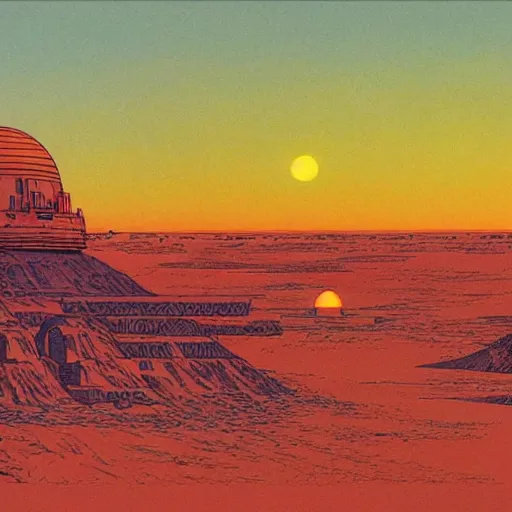Prompt: tatooine landscape by jean giraud, moebius, sunset