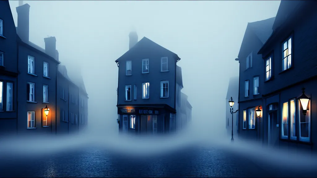 Image similar to the old town with houses in the windows of which the light is on. early morning, fog. mike barr painting. volumetric light, derk blue ambient, noir arthouse, 3 5 mm, hight detalied, hd, 4 k