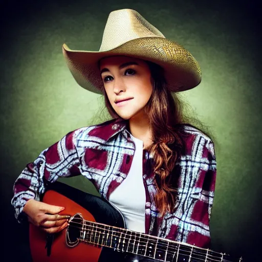 Image similar to a female fox animal, wearing cowboy hat, wearing plaid shirt, playing guitar, inside a barn, album cover style