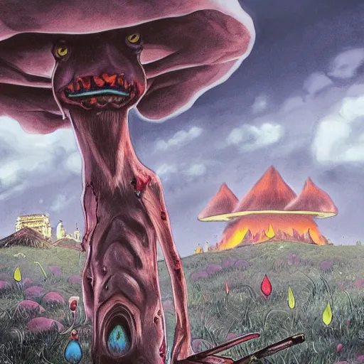 Prompt: a centered chest up portrait of a psychedelic demonic anthropomorphic windigo smoking a hand - rolled cigarette smoking heavily, magic mushroom village in background. award winning. superb resolution. in the art style of junji ito and greg rutkowski. detailed mushroom city in background. hyper realistic anime. perfect art. dalle 2