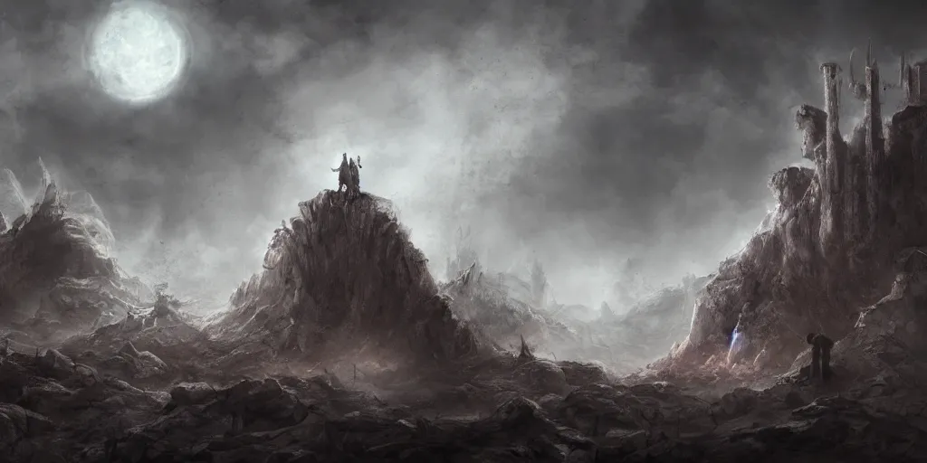 Prompt: old mage falling into a pit of demons, barren landscape, distant castle, dramatic moonlight, apocalyptic fantasy, mmo, digital art, 4 k