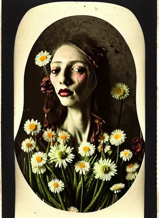 Image similar to beautiful and detailed rotten woman made of plants and many types of stylized flowers like carnation, daisy, chrysanthemum, anemone, roses and tulips, intricate, surreal, john constable, gustave courbet, caravaggio, romero ressendi, bruno walpoth 1 9 1 0 polaroid photo