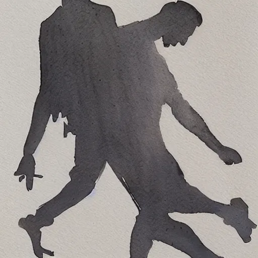 Prompt: a man dragging a dark silhouette by the ankle, detailed watercolor pen ink illustraion by Hugo Prades