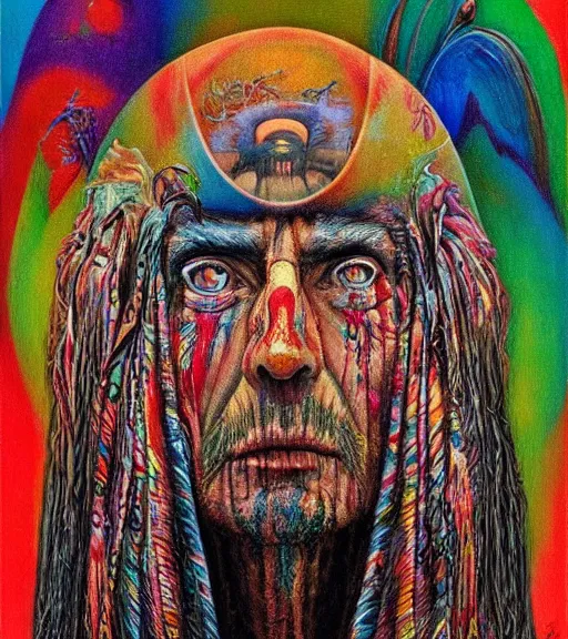 Image similar to Portrait painting in a style of Beksinski mixed with Alex Grey of an old shaman dressed in a colorful traditional clothes. Symmetry