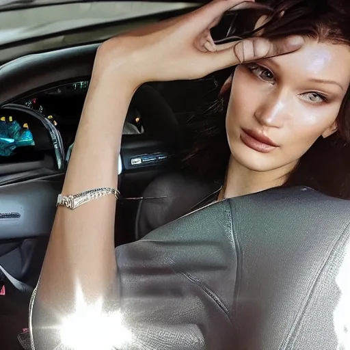 Image similar to bella hadid inside her ferrari roma in sao paulo, very details, photorealistic, dynamic light, ultra realistic, phone photo