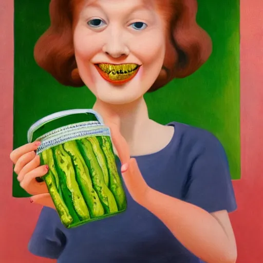 Prompt: a smiling girl with short grey red hair proudly holding a fido jar into the camera. close up. the fido jar is filled with big green pickles. by salvador dali