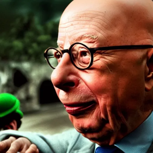 Image similar to uhd candid photo of hyperdetailed klaus schwab dressed as luigi. correct face, cinematic lighting, photo by annie leibowitz, and steve mccurry.