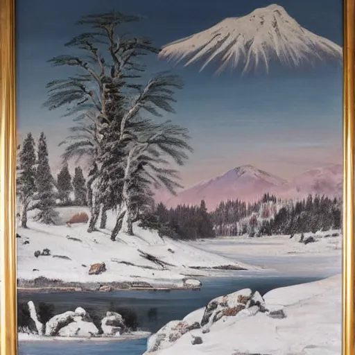 Image similar to This painting shows a winter scene in a mountainous area. The snow is thickly piled against the trees, which are reflected in the surface of the frozen lake. The mountain peak is in the distance, and the sky is painted in a swirling pattern of grey and white clouds