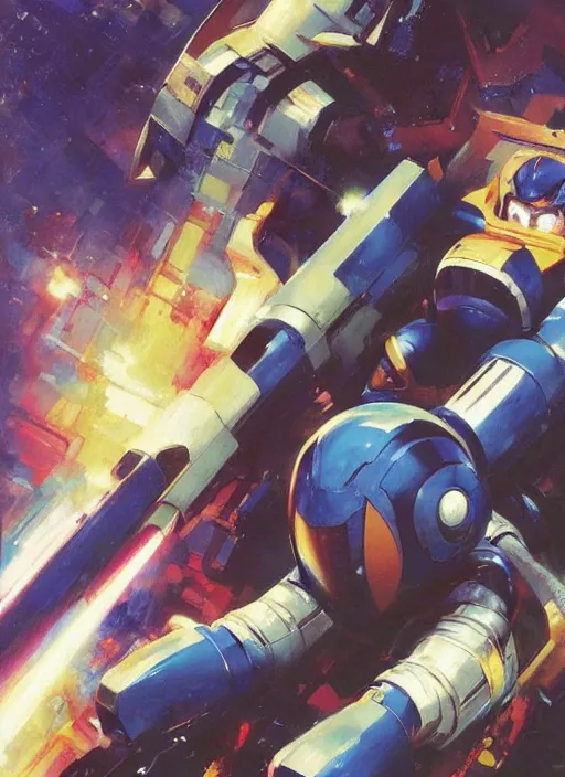 Image similar to Megaman X by John Berkey and Vincent Di Fate, rule of thirds, seductive look, beautiful, in intergalactic hq, ethereal lighting, smooth, masterpiece, Refined
