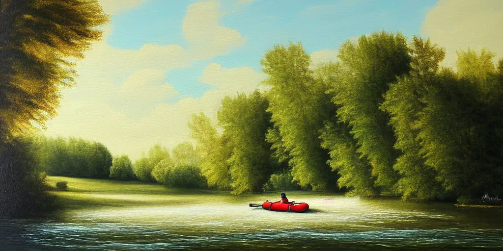 Image similar to A very detailed painting featuring a river in Europe surrounded by trees and fields. A rubber dinghy is slowly moving through the water. Sun is shining. minimalist painting