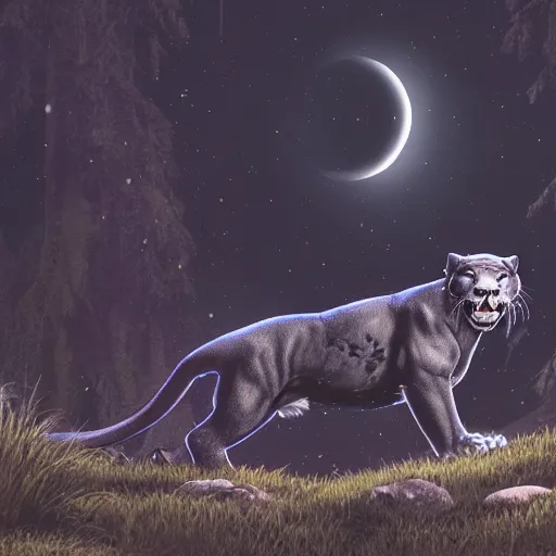 Image similar to a panther roaring at the moon in a forest during the night, large moon in the center. artistic. illustration. 4 k. cinematic. photoreal. dark colors. night.