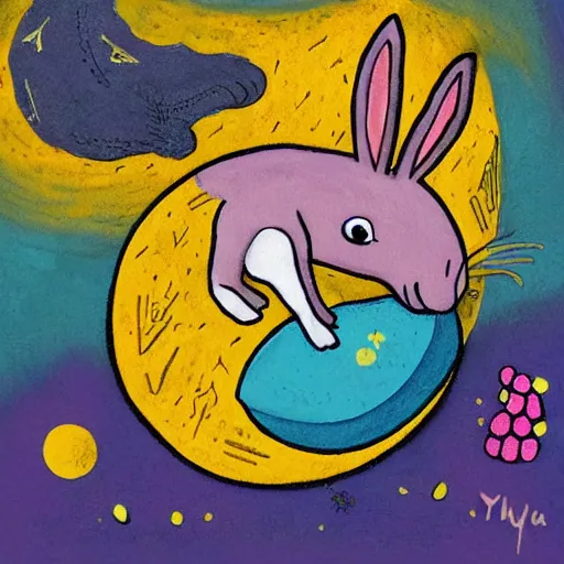 Prompt: A rabbit full of hope, looking for a black hole in an infinite time loop by llia yu Bunny eggs at Easter