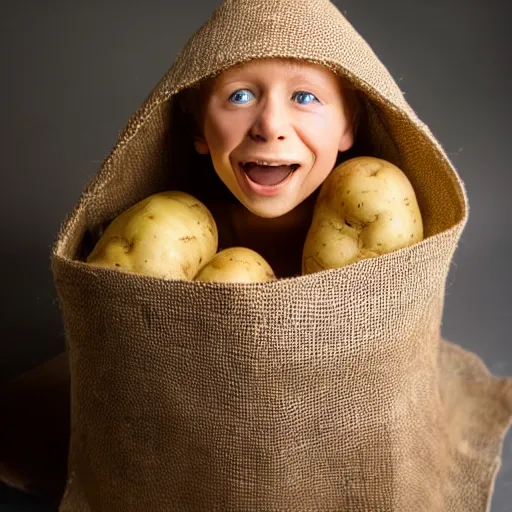 Prompt: frodo in a burlap sack of potatos, photography, realistic, mid shot