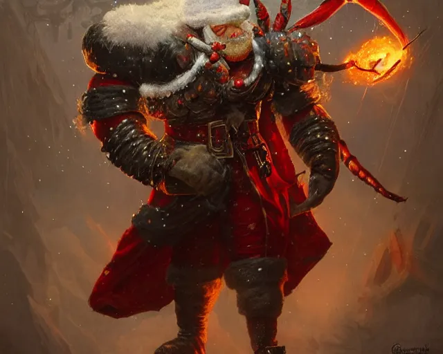 Prompt: the shogoth wearing a santa costume, christmas themed winter background, lobster claws, santa beard, by greg rutkowski and frank frazetta, intricate, artstation, vibrant, cinematic, style of magic : the gathering