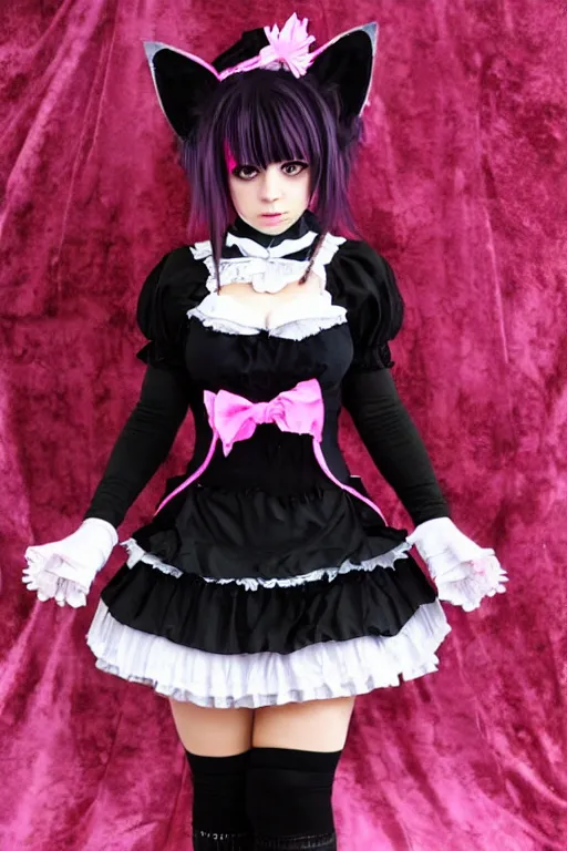 Prompt: Anime Catgirl with black fur, pink hair, and pink eyes in Gothic Lolita maid costume wearing small top hat