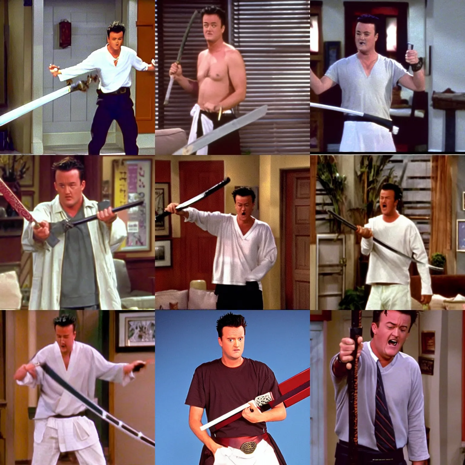 Prompt: chandler bing extremely angry wearing white underpants holding a samurai sword,'friends'9 0 s tv show screenshot