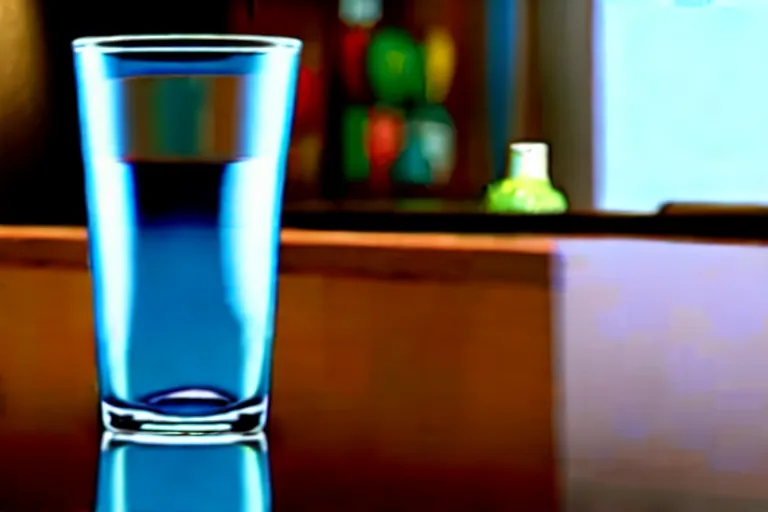 Prompt: a glass of spilled water with a sad face, pixar