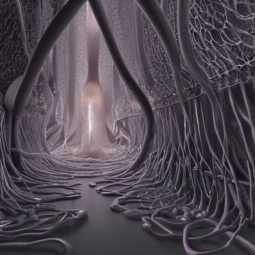 Image similar to biocomputer human organ inside a bio - neural network made like antique lace in a biomechanical cave forest, biocomputer epic environment, matte painting, diffused lighting, highly detailed cinematic, epic atmosphere, diffused lighting, highly detailed digital art, trending on artstation, depth of field, wide angle