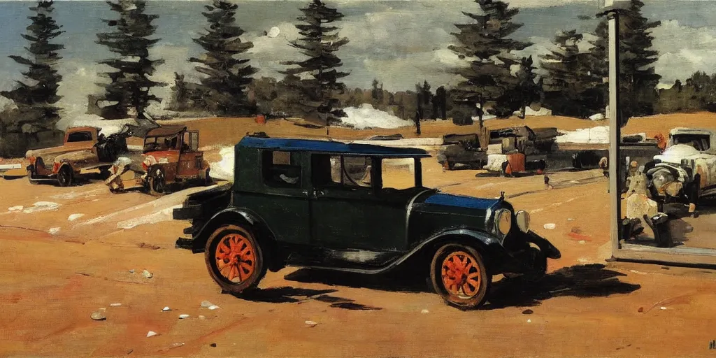 Prompt: automatic carwash; view through the windshield; detailed oil painting by winslow homer, 1923; wide angle