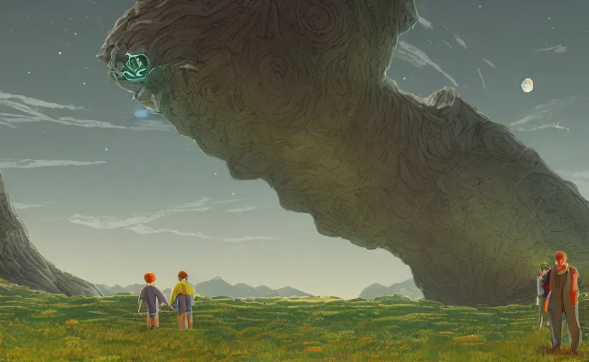 Image similar to highly detailed cell - shaded cartoon landscape with two boys looking at a miniature alien creature 1 9 7 0 s science fiction, moody, misty, depth perception, 4 k, artstation, in the style of studio ghibli