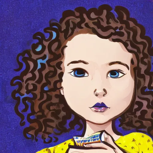 Prompt: a little girl with a mischievous face and short light brown curly wavy hair and blue eyes. she is reading a book. well composed, clean elegant pop art painting, beautiful detailed face.