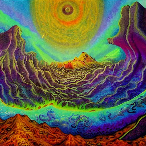 Prompt: a painting of a lovecraftian landscape in a psychedelic world