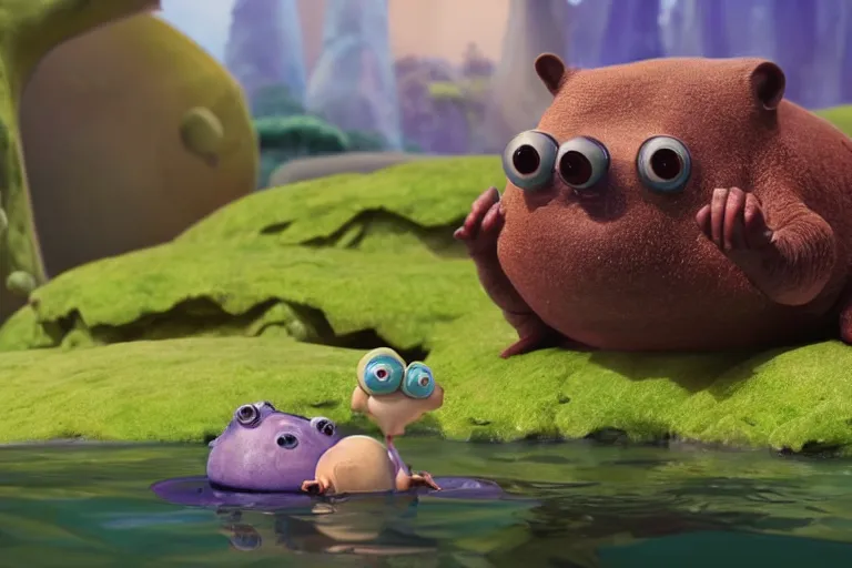 Image similar to pixar tardigrade character, tardigrade eating algae with his friends, disney movie, ultra detailed film still