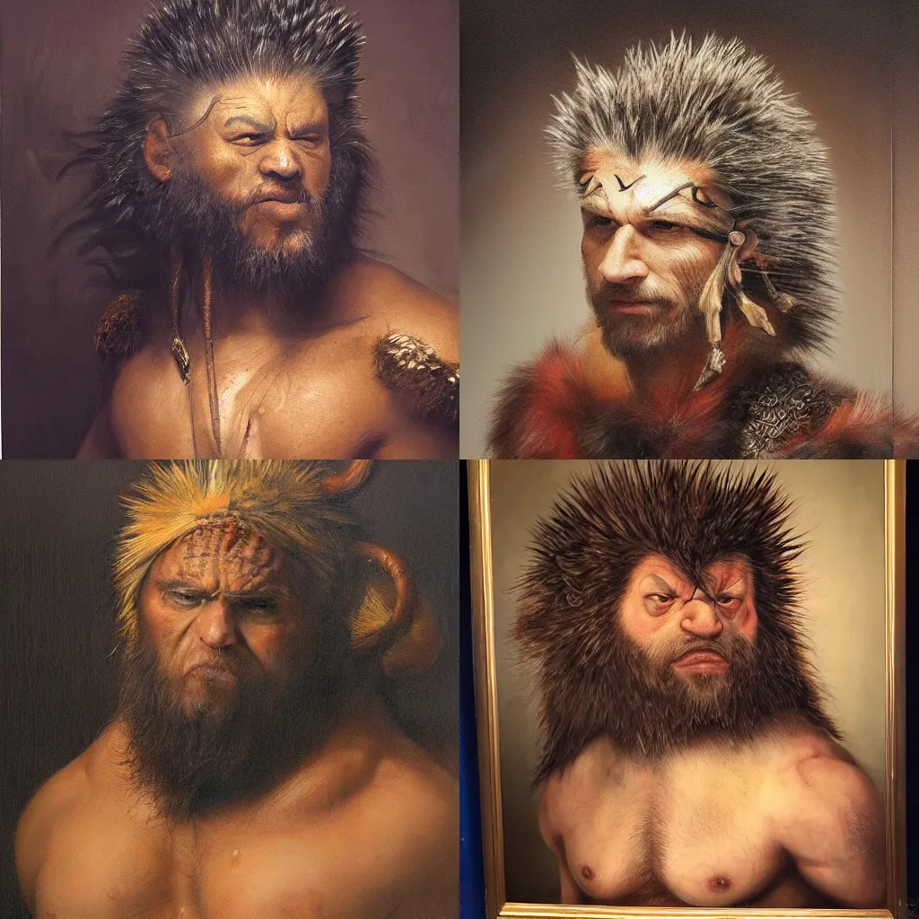 Prompt: subject: muscular barbarian dangerous angry oversized hedgehog anthropomorphic medium shot portrait, style: very detailed heavy textured rembrandt oil painting with dramatic light , very sharp detail
