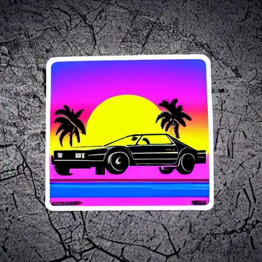 Prompt: deep dark style alien dark sunset electronic machine monster vibrant colours miami beach sunset vapor wave palm trees 80s synth retrowave delorean covered in stickers car wide shot epic post apocalyptic landscape