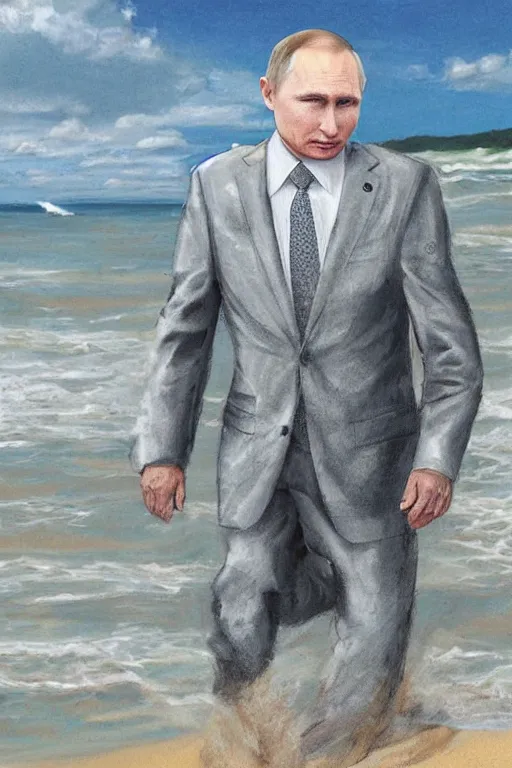 Image similar to Putin on a beach, full character, hyper realistic, highly detailed