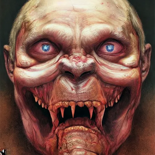 Prompt: vladimir putin, putin is bald prehistoric primate caveman, reptiloid eyes, awe face, toothless, saw teeth, peeling skin, horror macabre face, clown nose, by donato giancola and greg rutkowski and wayne barlow and zdzisław beksinski, realistic face, digital art