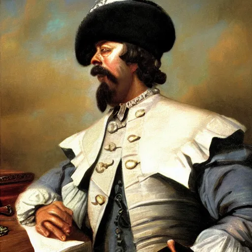 Image similar to russian tsar Peter The Great in tricorne hat and camisole, clean-shaven with small mustache 18th century installs operating system on desktop computer oil painting, detailed, artfully traced, 4k resolution, cinematic, dramatic