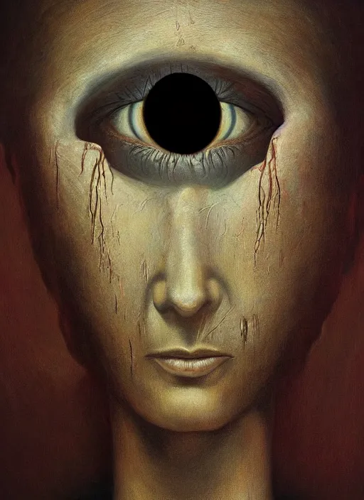 Image similar to dramatic portrait painting of woman with large crying eyes with black mandelbrot fractal instead of face, in style of zdzisław beksinski, horror, body horror,