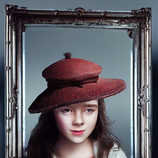 Prompt: an old hat is brushing her hair in front of an ornate mirror, the reflection is of a beautiful young girl, hyper detailed, 4 k octane render