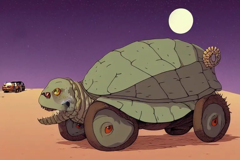 Image similar to a cell shaded cartoon of a lovecraftian turtle stage coach from howl's moving castle ( 2 0 0 4 ), on a desert road, in front of a full moon, full body, wide shot, very muted colors, post grunge, studio ghibli, laurie greasley, highly detailed, deviantart, art by artgem