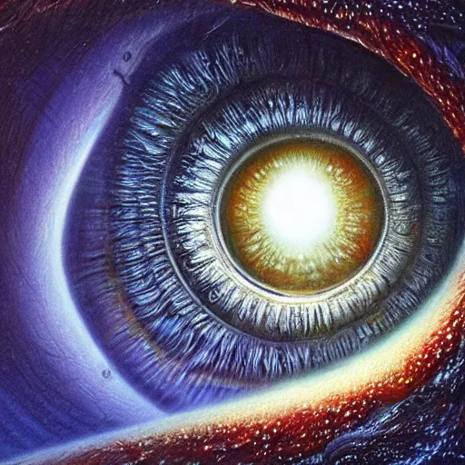 Image similar to low angle shot of a eye with the galaxy in the iris by clive barker, intricate, elegant, highly detailed, centered, digital painting, artstation, concept art, smooth, sharp focus, illustration, artgerm, Tomasz Alen Kopera, Peter Mohrbacher donato giancola, Joseph Christian Leyendecker, WLOP, Boris Vallejo.