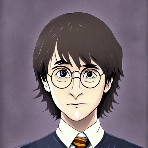 Image similar to portrait of harry potter in anime style, highly detailed, centered, solid color background, digital painting