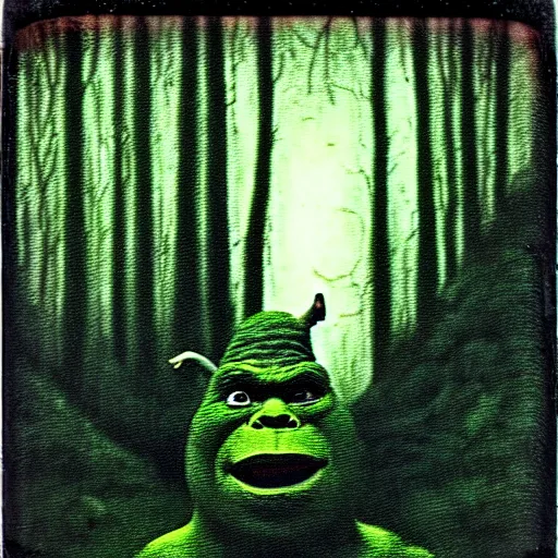 Prompt: old polaroid of creepy shrek staring from the depths of the dark gloomy forest, art by beksinski, bernie wrightson, john carpenter, creepy pasta, photorealistic, grainy, found footage, old film, low quality, horror, creepy, unsettling, terrifying