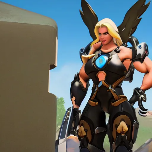 Image similar to a screenshot of arnold schwarzenegger as mercy in overwatch, full body shot